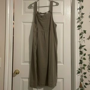 Olive green, overall-style, midi, a-line dress w/pockets, size M but fits like L
